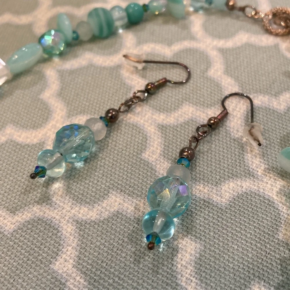 Handmade Teal Beaded Choker Necklace and Earring Set